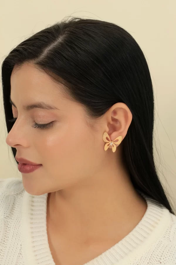 Arete dorado en bronce y baño de oro 24k y dije. Marca Brazz by Roel, con Roel Joyas puedes emprender e impulsar tu negocio, tenemos los mejores precios del mercado